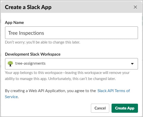 Create a Slack App window.